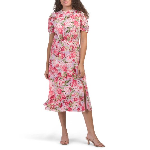 JULIA JORDAN LAVENDER MULTI Floral Mock Neck Balloon Sleeve Midi Dress - Picture 1 of 2